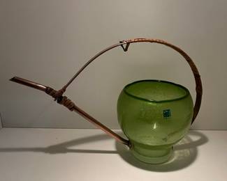 AMICI Italy Hand-Blown Green Glass Watering Can with Copper Rattan Handle MCM