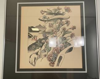 Surrealist-Style Portrait of Man in Hat with Flowers