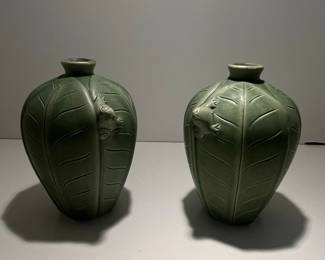 Pair of Green Glazed Ceramic Leaf and Frog Vases