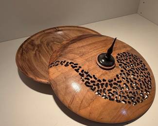 Hand-Turned Wood Lidded Bowl with Inlay and Spiked Finial