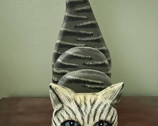 Hand-Carved Wooden Cat Letter Holder/Napkin Holder