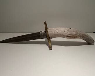 Damascus Steel Dagger with Antler Handle and Brass Guard