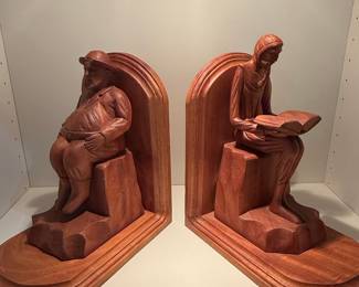 Vintage Hand Carved Wooden Monks Reading Bookends