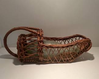 Vintage Wicker Wine Bottle Holder with Green Glass Bottle