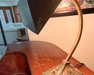 Art Deco Banker's Lamp with Floral Base