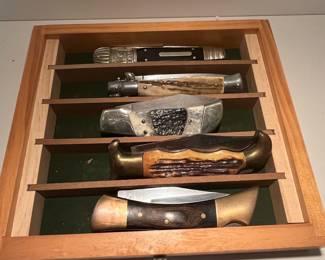 Collection of Five Folding Knives in Wooden Display Case
