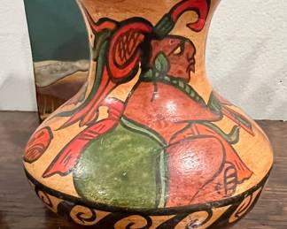 Vintage Hand-Painted Mayan-Style Pottery Vase