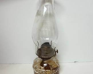 Clear Glass Oil Lamp with Embossed Floral Base and Beaded Rim