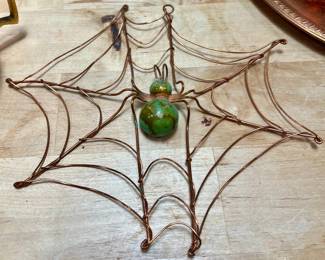 Copper Wire Spider Web Ornament with Marbled Green Bead