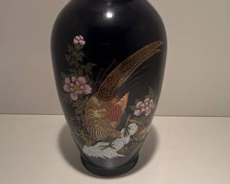 Vintage Black Imari Porcelain Vase with Pheasant and Floral Motif