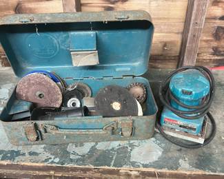 Vintage Makita Metal Tool Box with Assorted Sanding Discs and Accessories