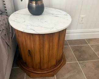 Round wood side table with marble top