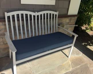White Wrought iron outdoor bench with Navy Cushion