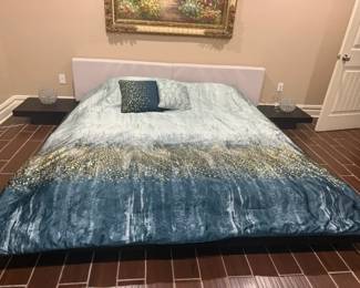 King size black platform Bed with grey cushioned headboard & side tables