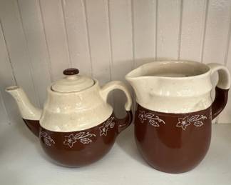 Vintage Oxford Stoneware Teapot and Pitcher Set with Snow Flower Pattern