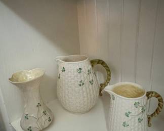 Belleek Shamrock Basketweave Collection (2 Cream Jugs and 1 Vase)