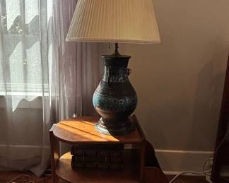 Vintage Chinese Bronze Champlevé Table Lamp with Elephant Handles