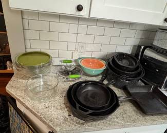 Vintage Cast Iron Skillet Set and Enamelware Pots