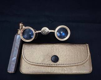 Antique Mother of Pearl Opera Glasses with Lorgnette Handle and Case