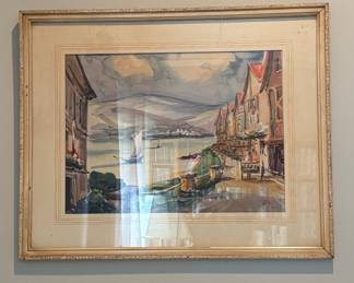 Vintage Harbor Scene Watercolor Painting Signed 'RL'