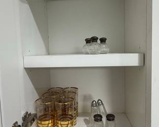 Mid-Century Modern Gold-Banded Glassware and Salt & Pepper Shaker Set