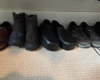 Assorted Pre-Owned Footwear Collection: Garden Clogs, Utility Boots, and Athletic Shoes