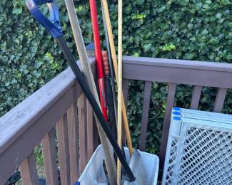 Assorted Garden Tool Collection and Gorilla Multi-Position Ladder