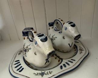 French Faience Bird-Form Oil and Vinegar Cruet Set