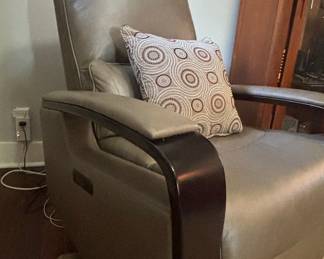 Modern Gray Leather Power Recliner with Wood Accents