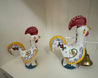 Vintage Hand-Painted Ceramic Rooster Figurines with Brass Bell - Portuguese 'Galo de Barcelos'