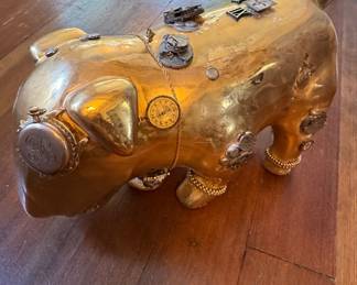 Steampunk-Style Gold-Plated Pig Sculpture with Watch Components