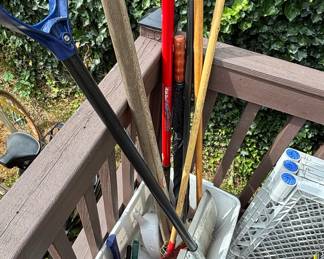 Assorted Garden Tool Collection and Gorilla Multi-Position Ladder