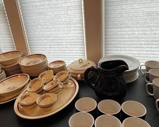 Vintage Floral Dinnerware Set with Black Pitcher and Chinese Spoons