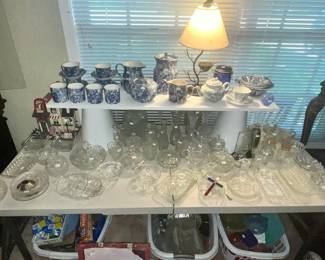 TABLE FULL OF BLUE CHIINTZWARE & GLASS SERVING PIECES!