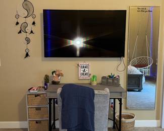 55” flat screen smart tv & wooden desk & decor also large full length mirror