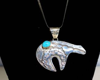 Navajo Stampwork Sterling Silver Bear Pendant