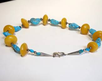 Turquoise Nugget & Amber-Resin Bead Artisan Necklace