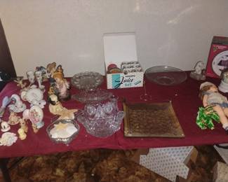 Miscellaneous figurines glasswares and an antique doll