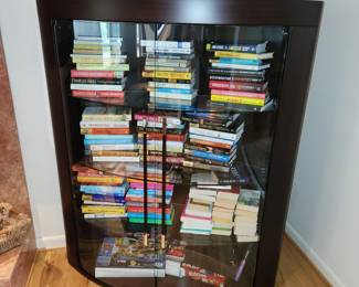 Wooden display case w glass doors, 50" w x 59.5" tall x 17.5" deep