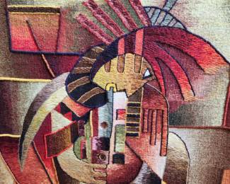 stylized artwork, woven thread/yarn depicting Native American figure: 72" x 54"