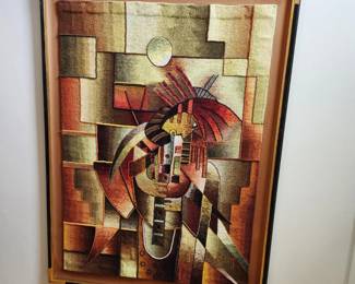 stylized artwork, woven thread/yarn depicting Native American figure: 72" x 54" Signed Zinof (