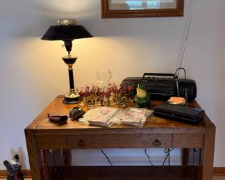 LIBRARY DESK, LAMP, GLASSWARE AND MORE