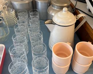 ENAMEL POT AND GLASSWARE