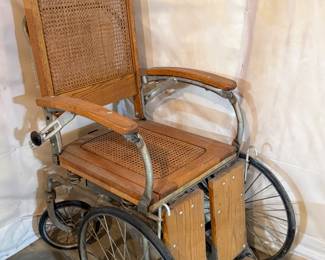 ANTIQUE OAK CANE WHEELCHAIR