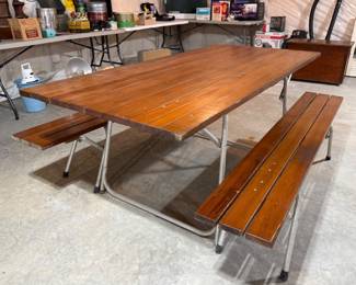 MCM FOLDING PICNIC TABLE SET WITH BENCHES WOOD SLAT TOP AND ALUMINUM FRAME
