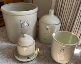 RED WING 15, 5 & 3 GALLON CROCKS AND CHICKEN FEEDER