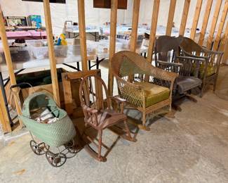 ANTIQUE CHAIRS AND DOLL BUGGY