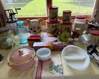 VINTAGE CANNISTER SETS, COOKIE JARS, BUTTER CHURN, HALL CASSEROLE & MORE