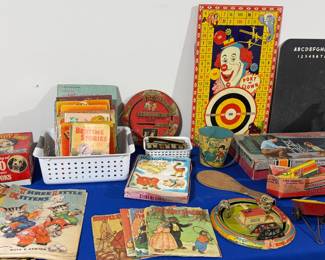 LOTS OF ANTIQUE TOYS AND BOOKS
