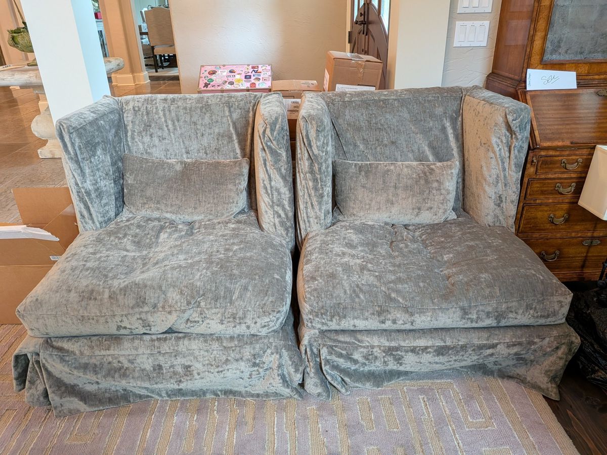 $425 EACH - PAIR OF GRAY SILVER COZY CHENILLE LEE INDUSTRIES SLIPCOVERED OVERSIZED ARMCHAIRS - 37" H, 35" W, 38" DEPTH